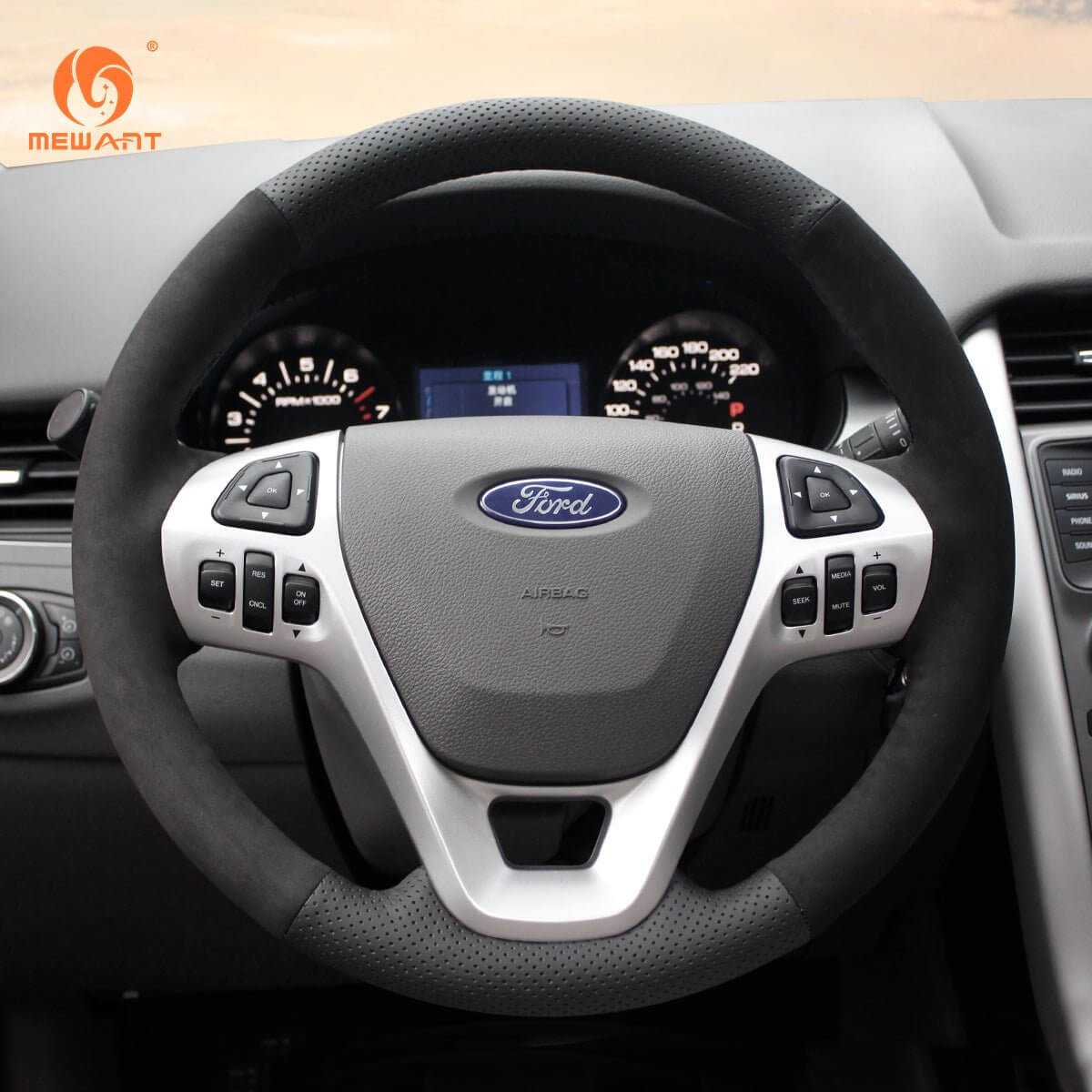 MEWANT Genuine Leather Car Steering Wheel Cove for Ford Edge / Explorer / Flex / Taurus - Alcantara, Leather, Carbon Fiber, Easy Install, Non - Slip, Best Steering Wheel Cover