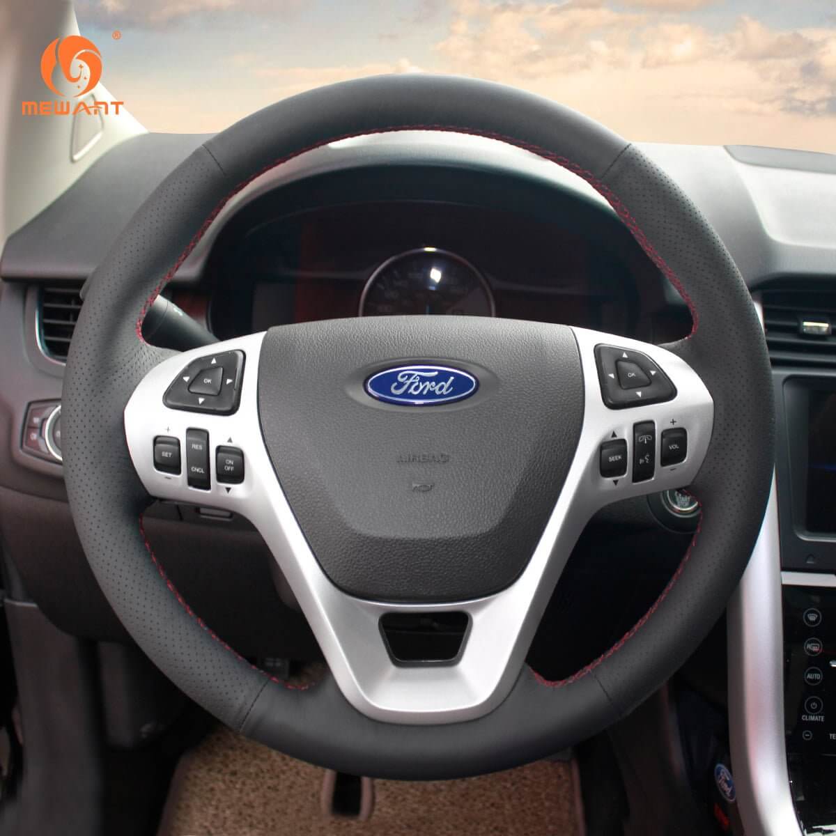 MEWANT Genuine Leather Car Steering Wheel Cove for Ford Edge / Explorer / Flex / Taurus - Alcantara, Leather, Carbon Fiber, Easy Install, Non - Slip, Best Steering Wheel Cover