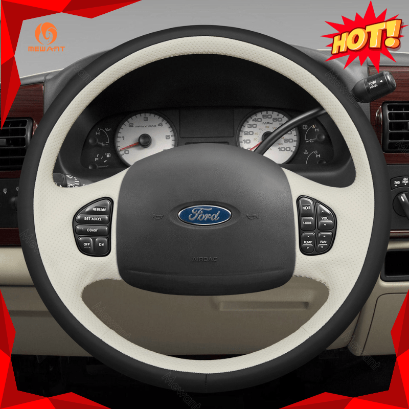 MEWANT Genuine Leather Car Steering Wheel Cove for Ford F150 F250 F350 Expedition Excursion - Alcantara, Leather, Carbon Fiber, Easy Install, Non - Slip, Best Steering Wheel Cover