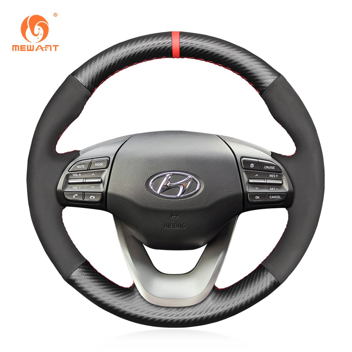 MEWANT Genuine Leather Car Steering Wheel Cove for Hyundai Kona 2017 - 2023 - Alcantara, Leather, Carbon Fiber, Easy Install, Non - Slip, Best Steering Wheel Cover