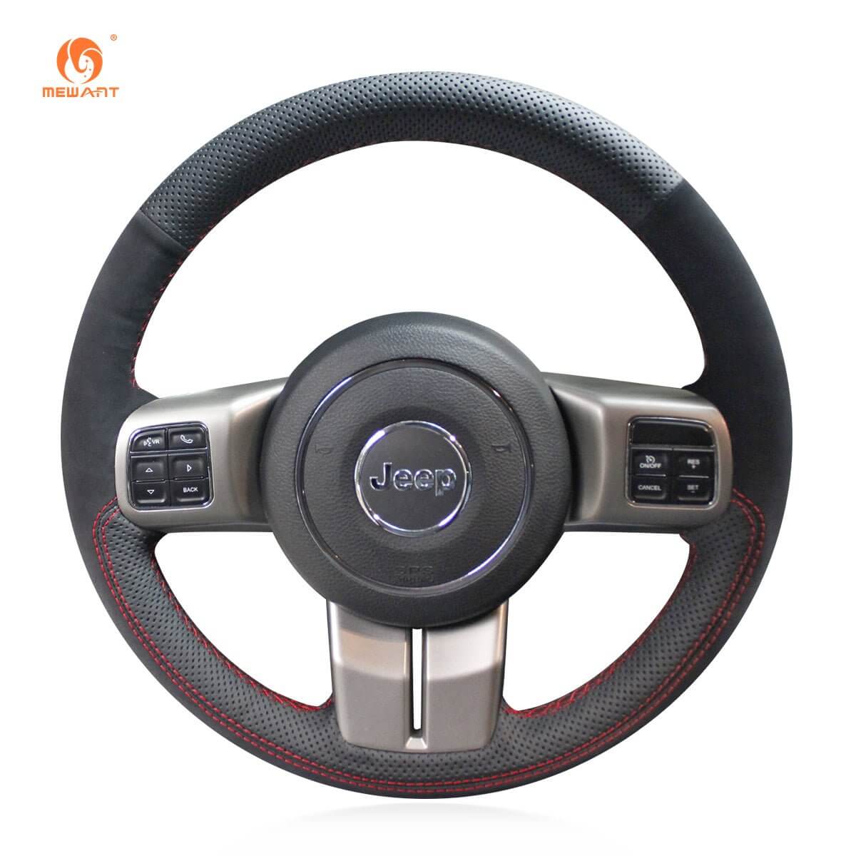 MEWANT Genuine Leather Car Steering Wheel Cove for Jeep Compass /Grand Cherokee / Wrangler /Patriot - Alcantara, Leather, Carbon Fiber, Easy Install, Non - Slip, Best Steering Wheel Cover