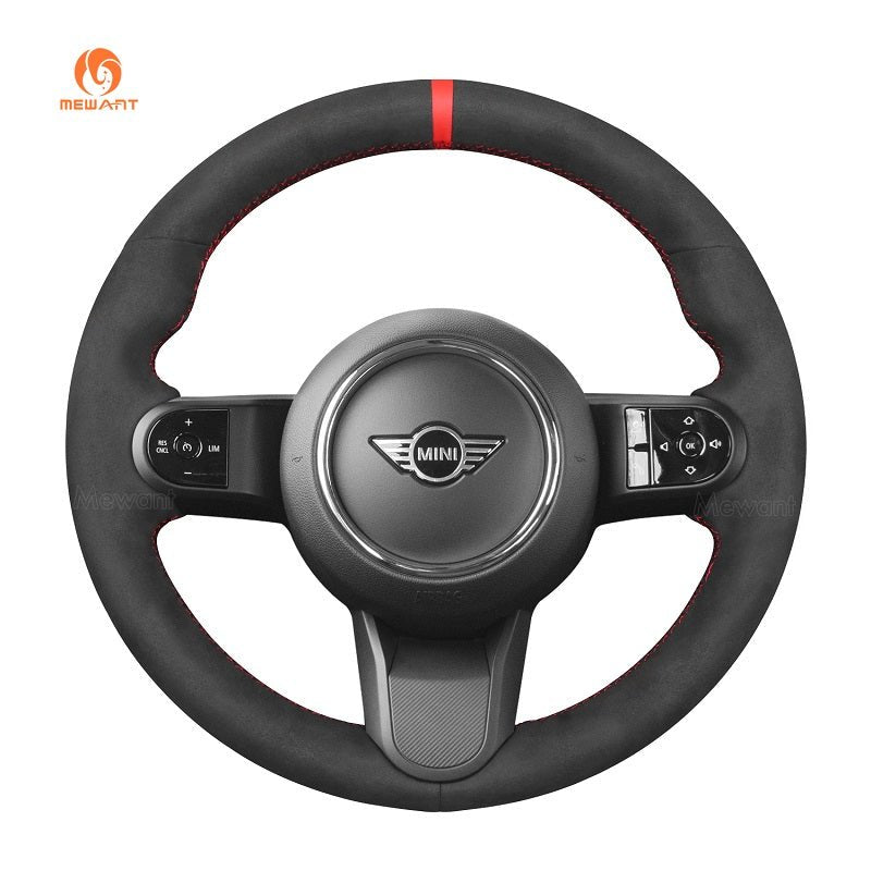 MEWANT Genuine Leather Car Steering Wheel Cove for Mini Convertible (F57) / Countryman (F60) / Hardtop (F55/F56)/ Mini Clubman (F54)/ Convertible (Cabrio) F57 / Countryman (F60) / Hatchback (F55/F56) / Electric Hatch (F55/56) - Alcantara, Leather, Carbon Fiber, Easy Install, Non - Slip, Best Steering Wheel Cover