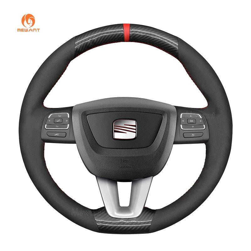 MEWANT Genuine Leather Car Steering Wheel Cove for Seat Leon Alhambra Toledo Altea - Alcantara, Leather, Carbon Fiber, Easy Install, Non - Slip, Best Steering Wheel Cover
