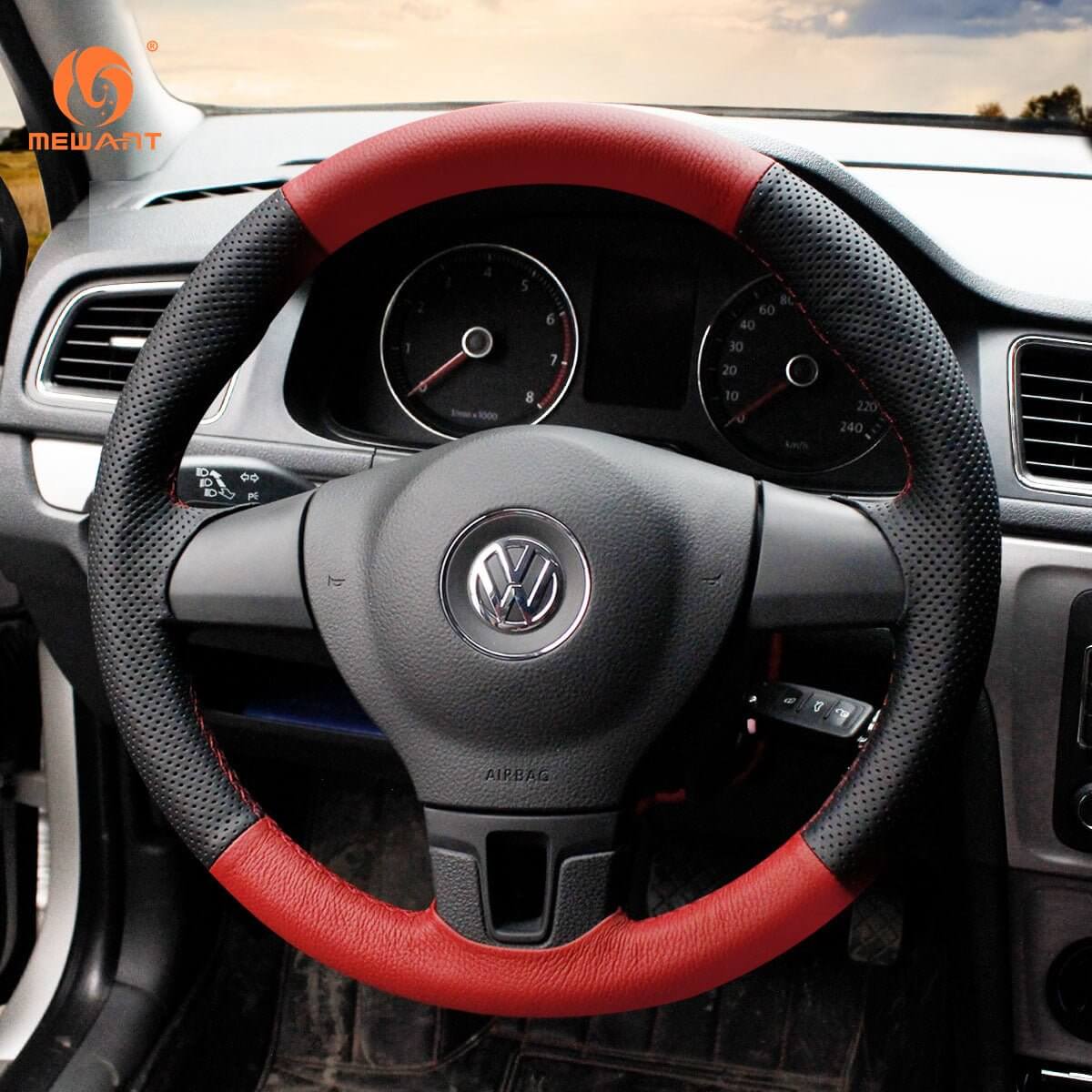 MEWANT Genuine Leather Car Steering Wheel Cove for Volkswagen Sharan /Passat Variant /EOS /Amarok /California / Caravelle / T5 Transporter - Alcantara, Leather, Carbon Fiber, Easy Install, Non - Slip, Best Steering Wheel Cover