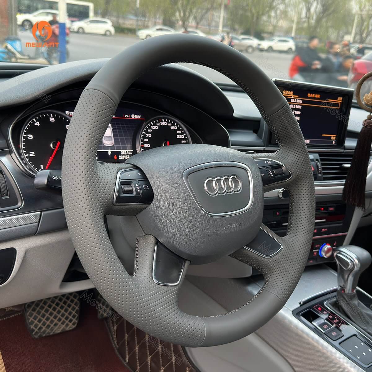 MEWANT Grey Leather Car Steering Wheel Cover for Audi A3 (8V) Sportback A4 (B8) Avant A6 (C7) A8 (D4) Q3 (8U) Q5 (8R) Q7 (4L) - Alcantara, Leather, Carbon Fiber, Easy Install, Non - Slip, Best Steering Wheel Cover