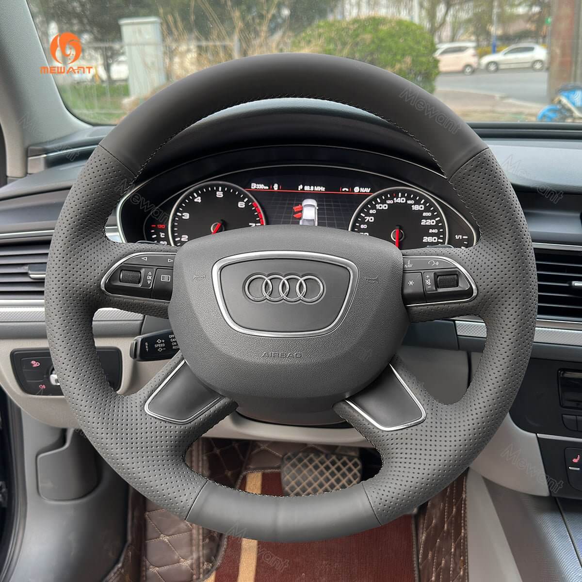 MEWANT Grey Leather Car Steering Wheel Cover for Audi A3 (8V) Sportback A4 (B8) Avant A6 (C7) A8 (D4) Q3 (8U) Q5 (8R) Q7 (4L) - Alcantara, Leather, Carbon Fiber, Easy Install, Non - Slip, Best Steering Wheel Cover