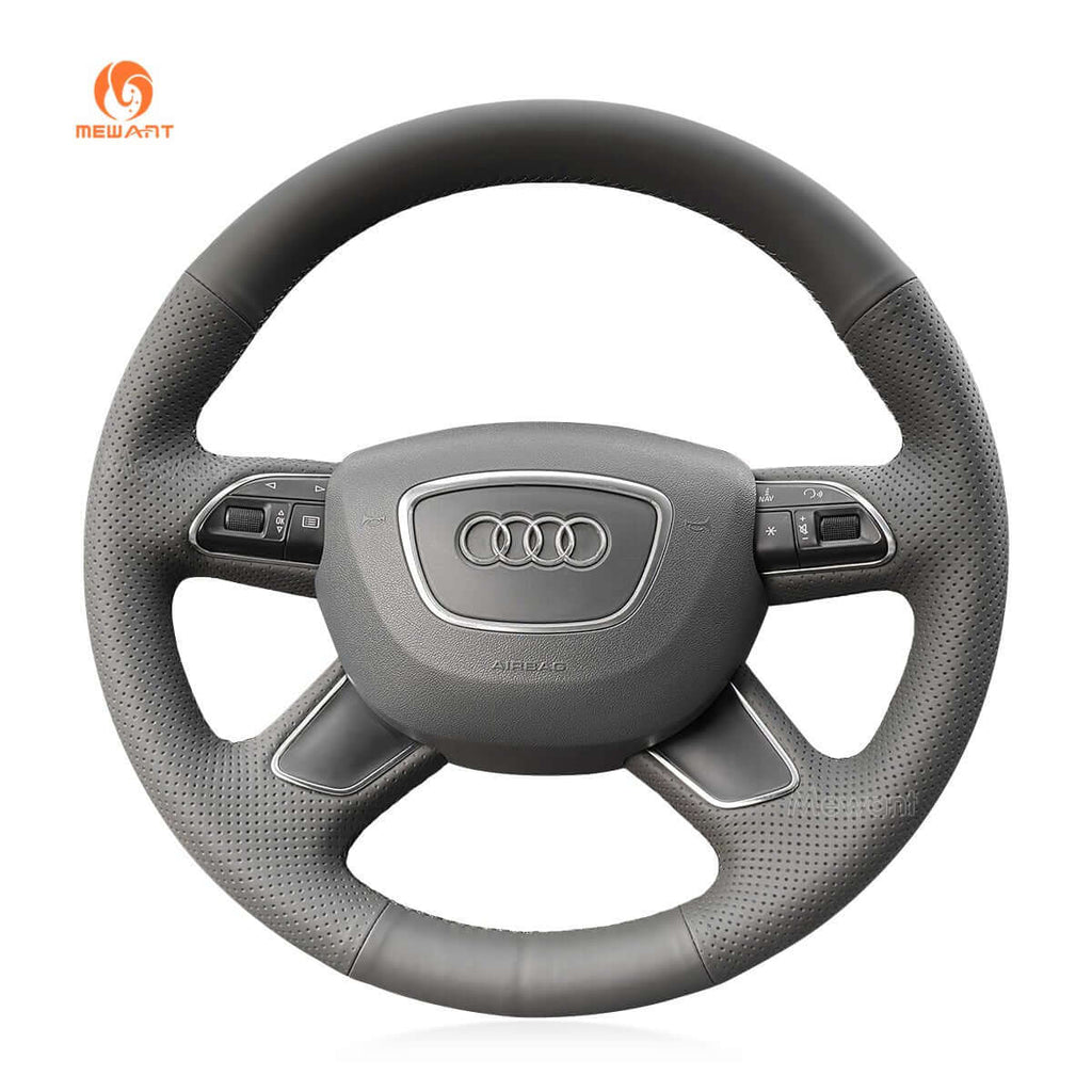 MEWANT Grey Leather Car Steering Wheel Cover for Audi A3 (8V) Sportback A4 (B8) Avant A6 (C7) A8 (D4) Q3 (8U) Q5 (8R) Q7 (4L) - Alcantara, Leather, Carbon Fiber, Easy Install, Non - Slip, Best Steering Wheel Cover