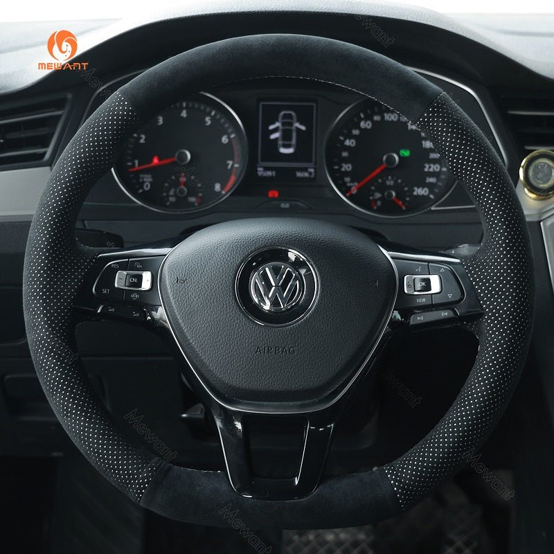 MEWANT Hand DIY Black Leather Suede Car Steering Wheel Cover for Volkswagen VW Golf 7 Golf Alltrack Golf SportWagen Jetta Passat Tiguan e - Golf Arteon Atlas - Alcantara, Leather, Carbon Fiber, Easy Install, Non - Slip, Best Steering Wheel Cover