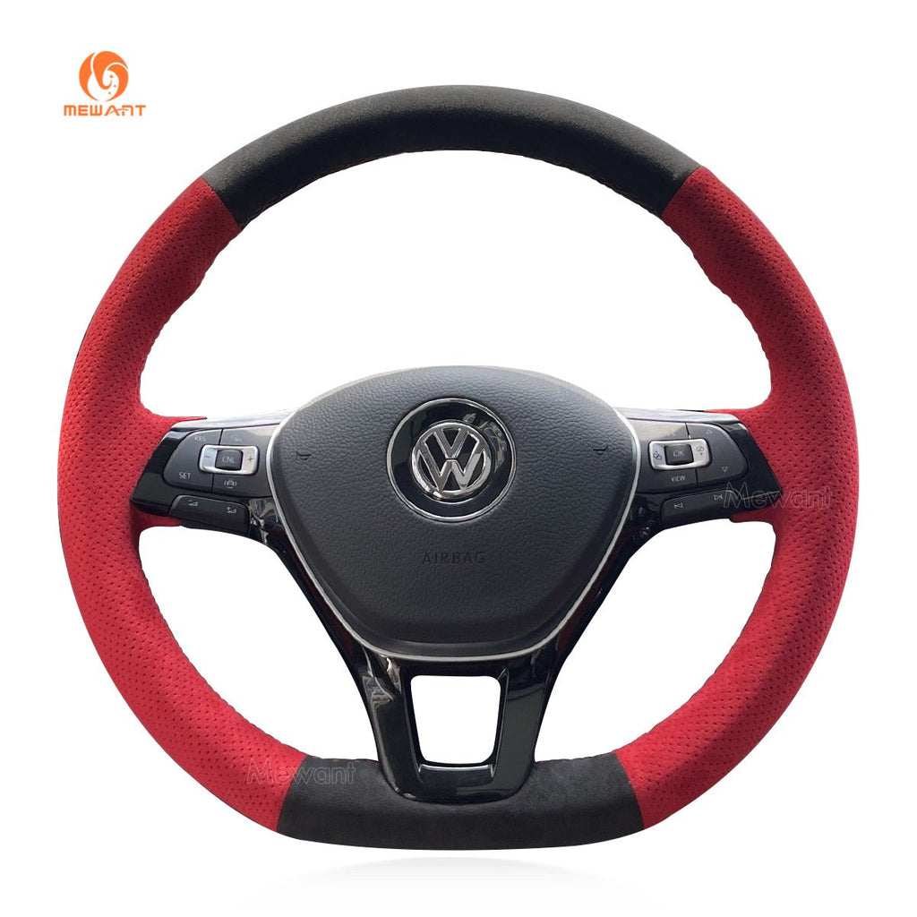 MEWANT Hand DIY Black Leather Suede Car Steering Wheel Cover for Volkswagen VW Golf 7 Golf Alltrack Golf SportWagen Jetta Passat Tiguan e - Golf Arteon Atlas - Alcantara, Leather, Carbon Fiber, Easy Install, Non - Slip, Best Steering Wheel Cover