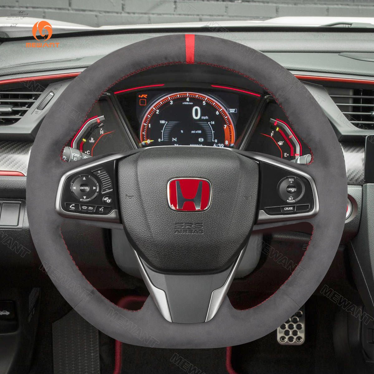MEWANT Hand Stitch Alcantara Car Steering Wheel Cover for Honda Civic Type R (X/10) 2017 - 2021 for Honda - Alcantara, Leather, Carbon Fiber, Easy Install, Non - Slip, Best Steering Wheel Cover