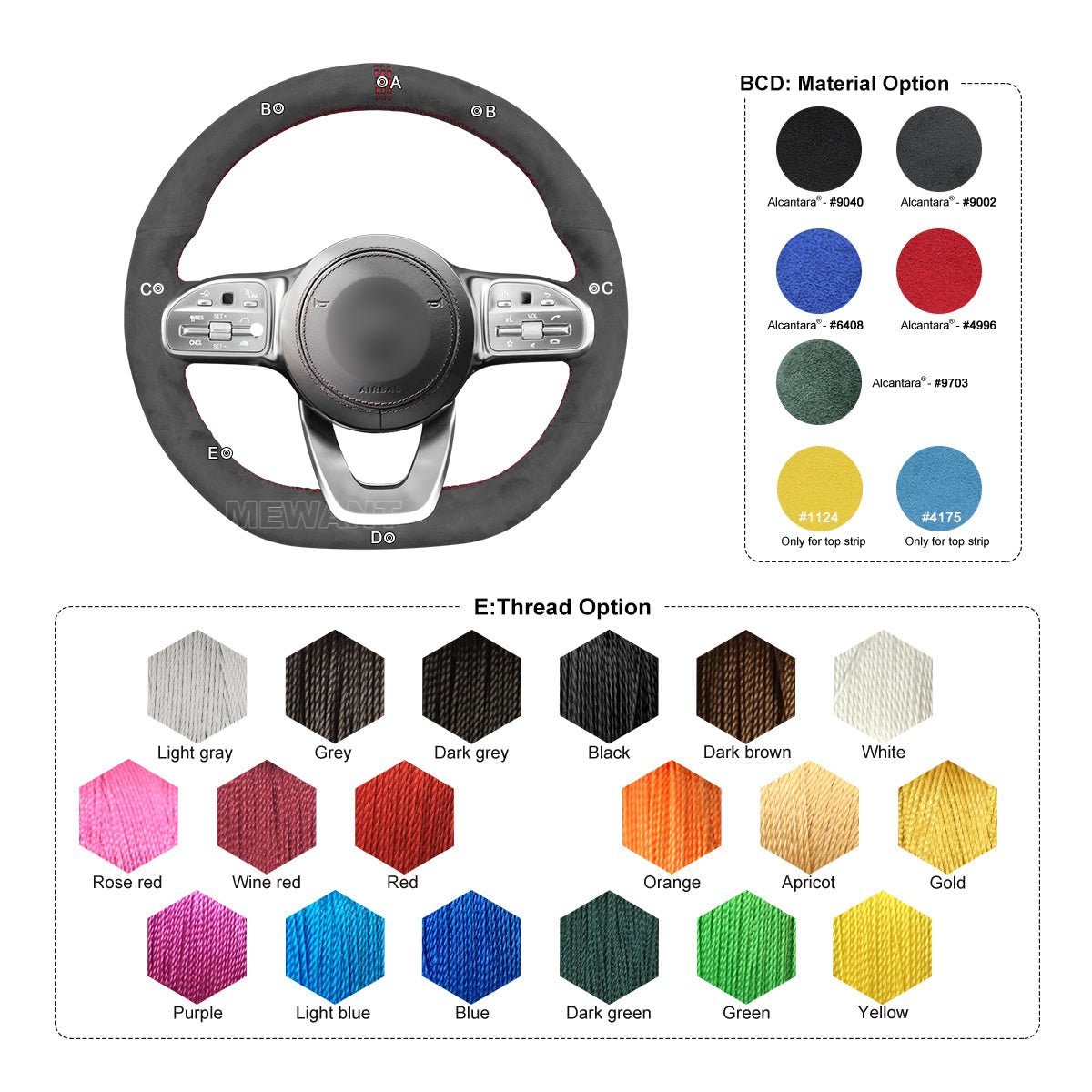 MEWANT Hand Stitch Alcantara Car Steering Wheel Cover for Mercedes Benz W177 W205 C118 C257 W213 W463 H247 X247 W167 W222 - Alcantara, Leather, Carbon Fiber, Easy Install, Non - Slip, Best Steering Wheel Cover