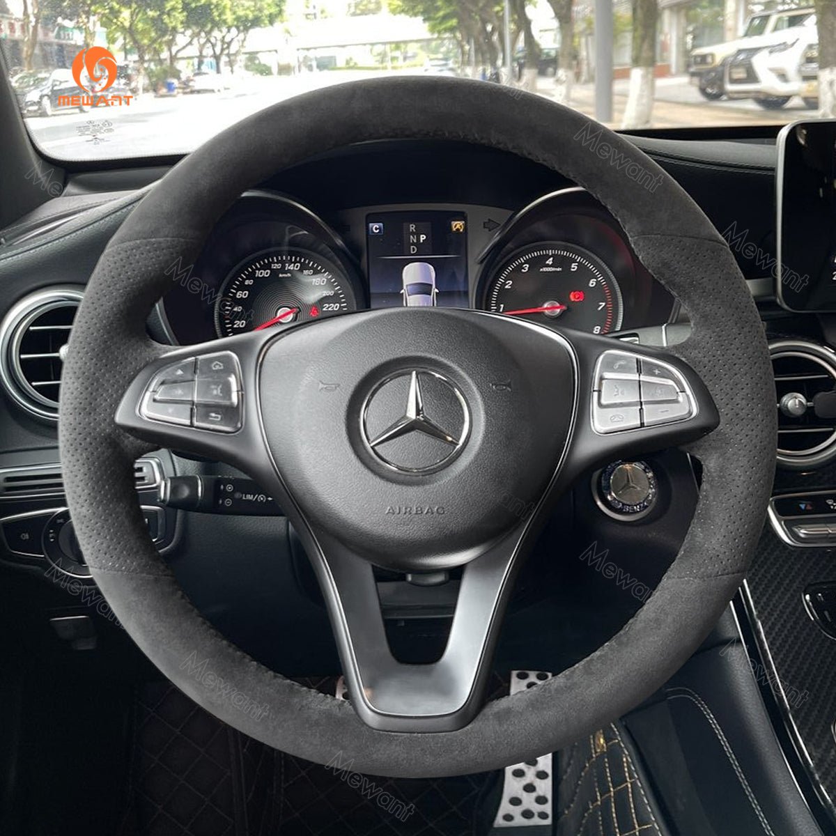 MEWANT Hand Stitch Alcantara Car Steering Wheel Cover for Mercedes Benz W205 C117 C218 W213 X156 X253 C253 W166 X166 W447 - Alcantara, Leather, Carbon Fiber, Easy Install, Non - Slip, Best Steering Wheel Cover