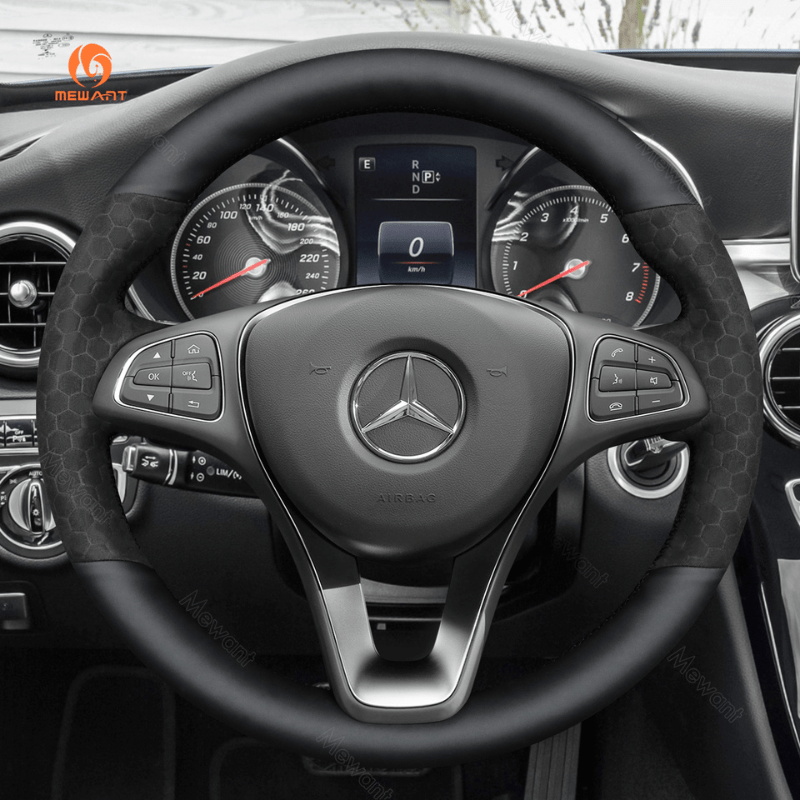 MEWANT Hand Stitch Alcantara Car Steering Wheel Cover for Mercedes Benz W205 C117 C218 W213 X156 X253 C253 W166 X166 W447 - Alcantara, Leather, Carbon Fiber, Easy Install, Non - Slip, Best Steering Wheel Cover