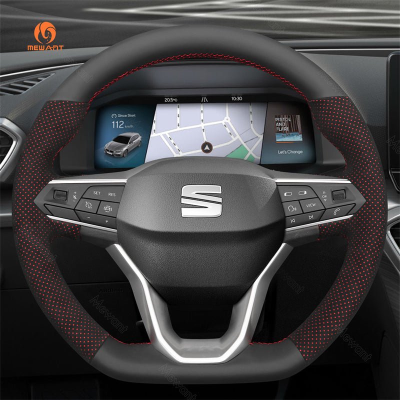 MEWANT Hand Stitch Alcantara Car Steering Wheel Cover for Seat Leon 2020 - 2021 / Ateca 2020 - 2021 / Tarraco 2020 - 2021 - Alcantara, Leather, Carbon Fiber, Easy Install, Non - Slip, Best Steering Wheel Cover