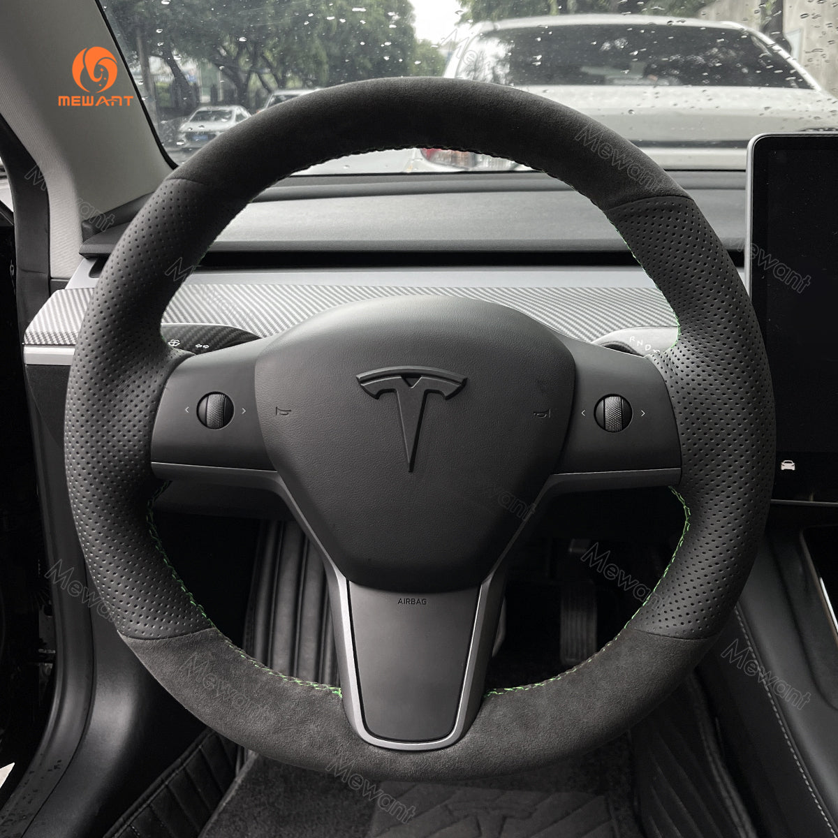 MEWANT Hand Stitch Alcantara Car Steering Wheel Cover for Tesla Model 3 2017 - 2020 / Model Y 2020 - 2021 - Mewant Cover