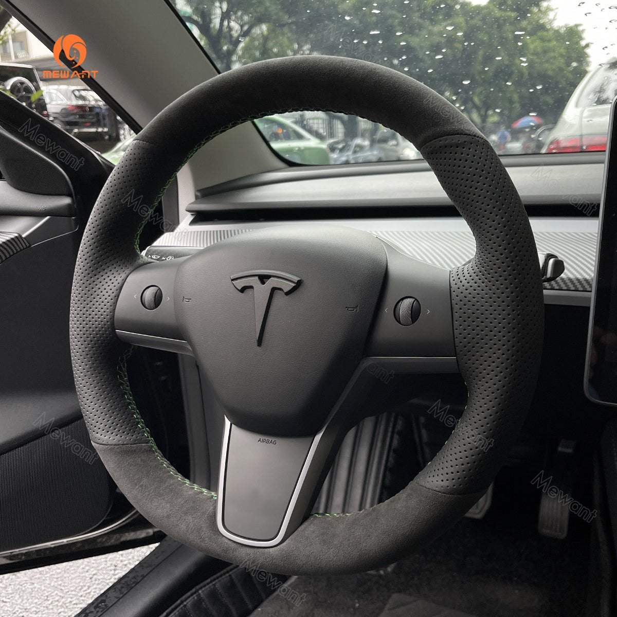 MEWANT Hand Stitch Alcantara Car Steering Wheel Cover for Tesla Model 3 2017 - 2020 / Model Y 2020 - 2021 - Alcantara, Leather, Carbon Fiber, Easy Install, Non - Slip, Best Steering Wheel Cover