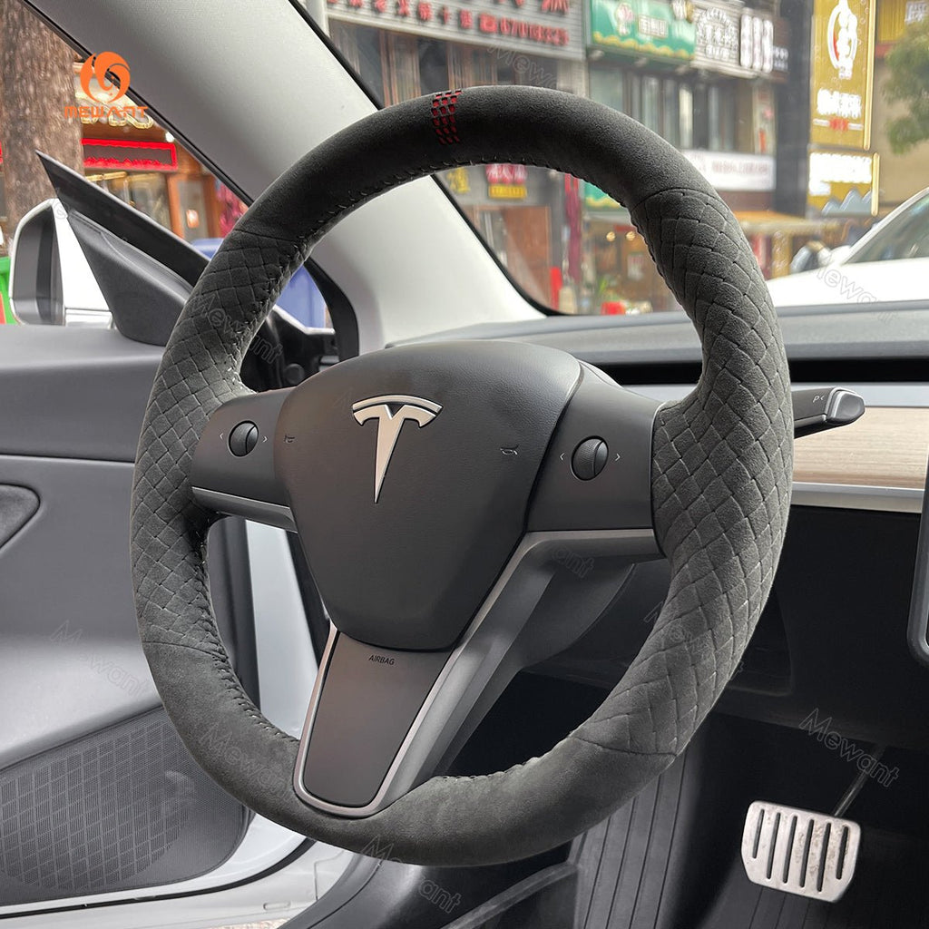 MEWANT Hand Stitch Alcantara Car Steering Wheel Cover for Tesla Model 3 2017 - 2020 / Model Y 2020 - 2021 - Alcantara, Leather, Carbon Fiber, Easy Install, Non - Slip, Best Steering Wheel Cover