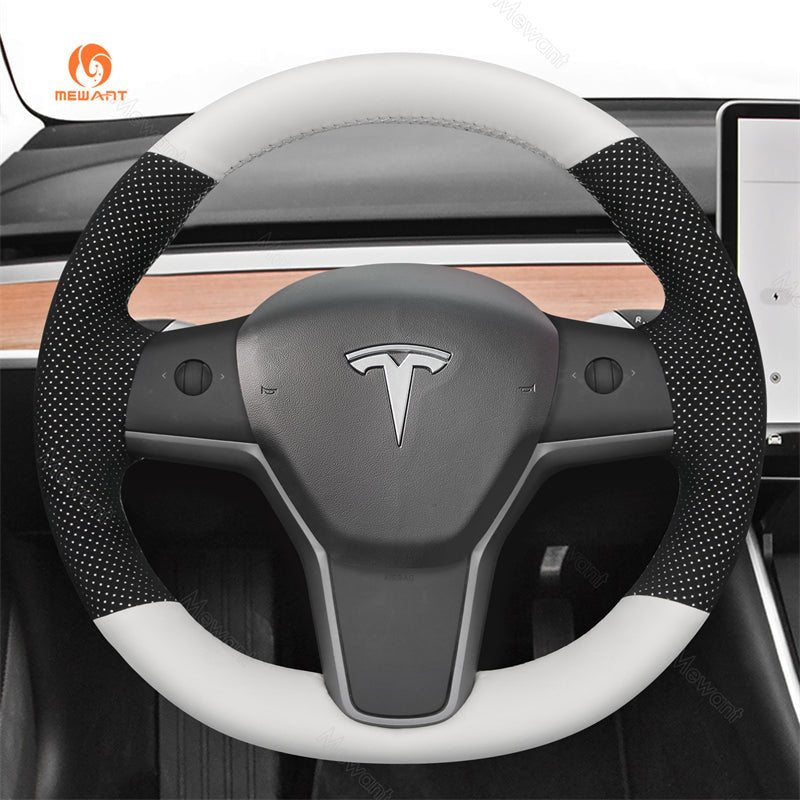 MEWANT Hand Stitch Alcantara Car Steering Wheel Cover for Tesla Model 3 2017 - 2020 / Model Y 2020 - 2021 - Alcantara, Leather, Carbon Fiber, Easy Install, Non - Slip, Best Steering Wheel Cover