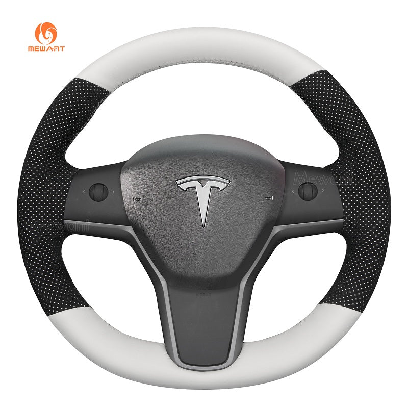 MEWANT Hand Stitch Alcantara Car Steering Wheel Cover for Tesla Model 3 2017 - 2020 / Model Y 2020 - 2021 - Alcantara, Leather, Carbon Fiber, Easy Install, Non - Slip, Best Steering Wheel Cover
