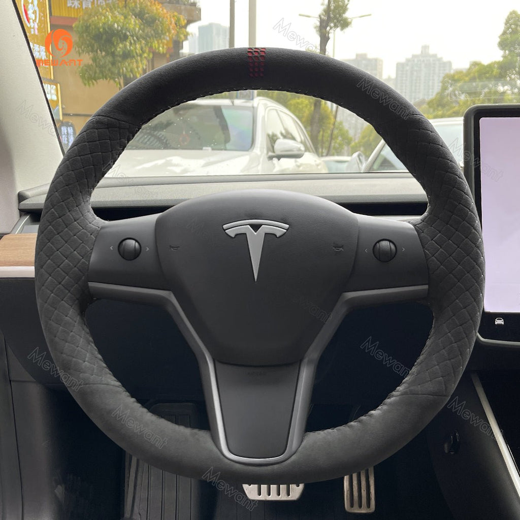 MEWANT Hand Stitch Alcantara Car Steering Wheel Cover for Tesla Model 3 2017 - 2020 / Model Y 2020 - 2021 - Alcantara, Leather, Carbon Fiber, Easy Install, Non - Slip, Best Steering Wheel Cover