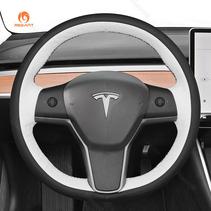 MEWANT Hand Stitch Alcantara Car Steering Wheel Cover for Tesla Model 3 2017 - 2020 / Model Y 2020 - 2021 - Alcantara, Leather, Carbon Fiber, Easy Install, Non - Slip, Best Steering Wheel Cover