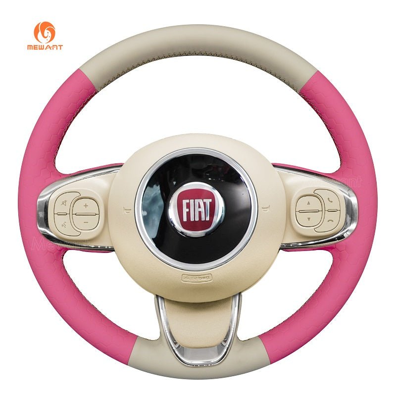 MEWANT Hand Stitch Beige Leather Car Steering Wheel Cover for Fiat 500 2015 - 2021 / 500C 2016 - 2021 - Alcantara, Leather, Carbon Fiber, Easy Install, Non - Slip, Best Steering Wheel Cover