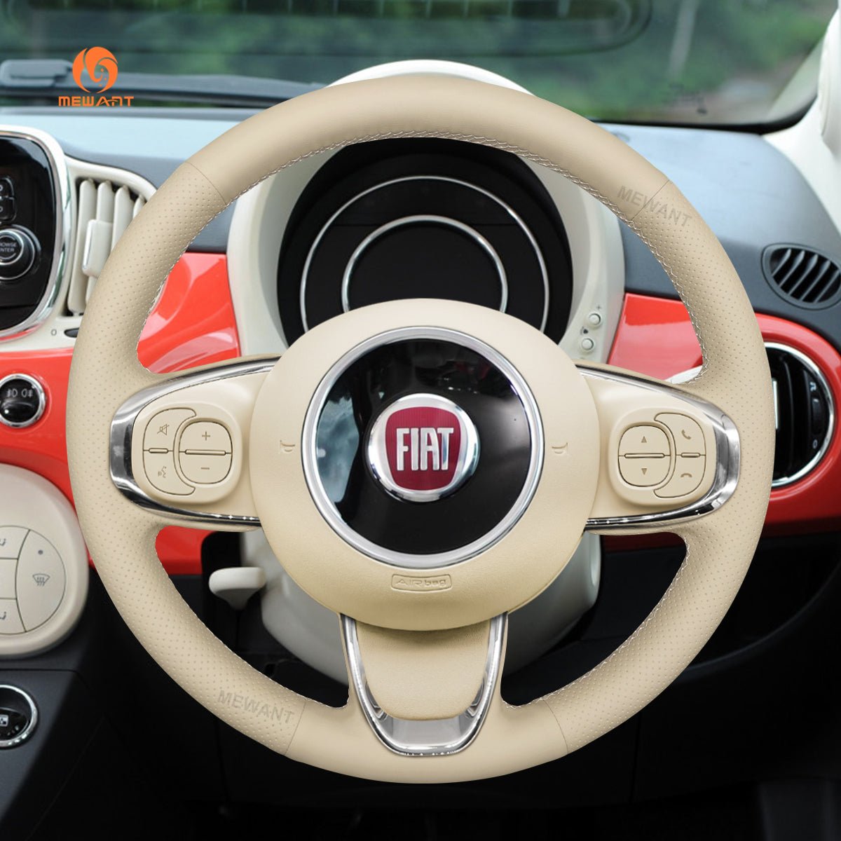 MEWANT Hand Stitch Beige Leather Car Steering Wheel Cover for Fiat 500 2015 - 2021 / 500C 2016 - 2021 - Alcantara, Leather, Carbon Fiber, Easy Install, Non - Slip, Best Steering Wheel Cover