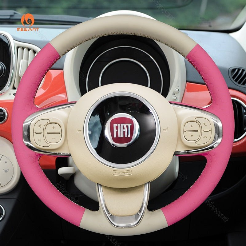 MEWANT Hand Stitch Beige Leather Car Steering Wheel Cover for Fiat 500 2015 - 2021 / 500C 2016 - 2021 - Alcantara, Leather, Carbon Fiber, Easy Install, Non - Slip, Best Steering Wheel Cover