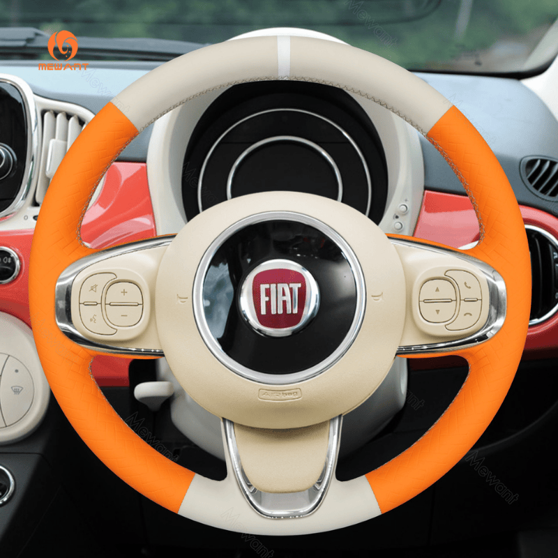 MEWANT Hand Stitch Beige Leather Car Steering Wheel Cover for Fiat 500 2015 - 2021 / 500C 2016 - 2021 - Alcantara, Leather, Carbon Fiber, Easy Install, Non - Slip, Best Steering Wheel Cover