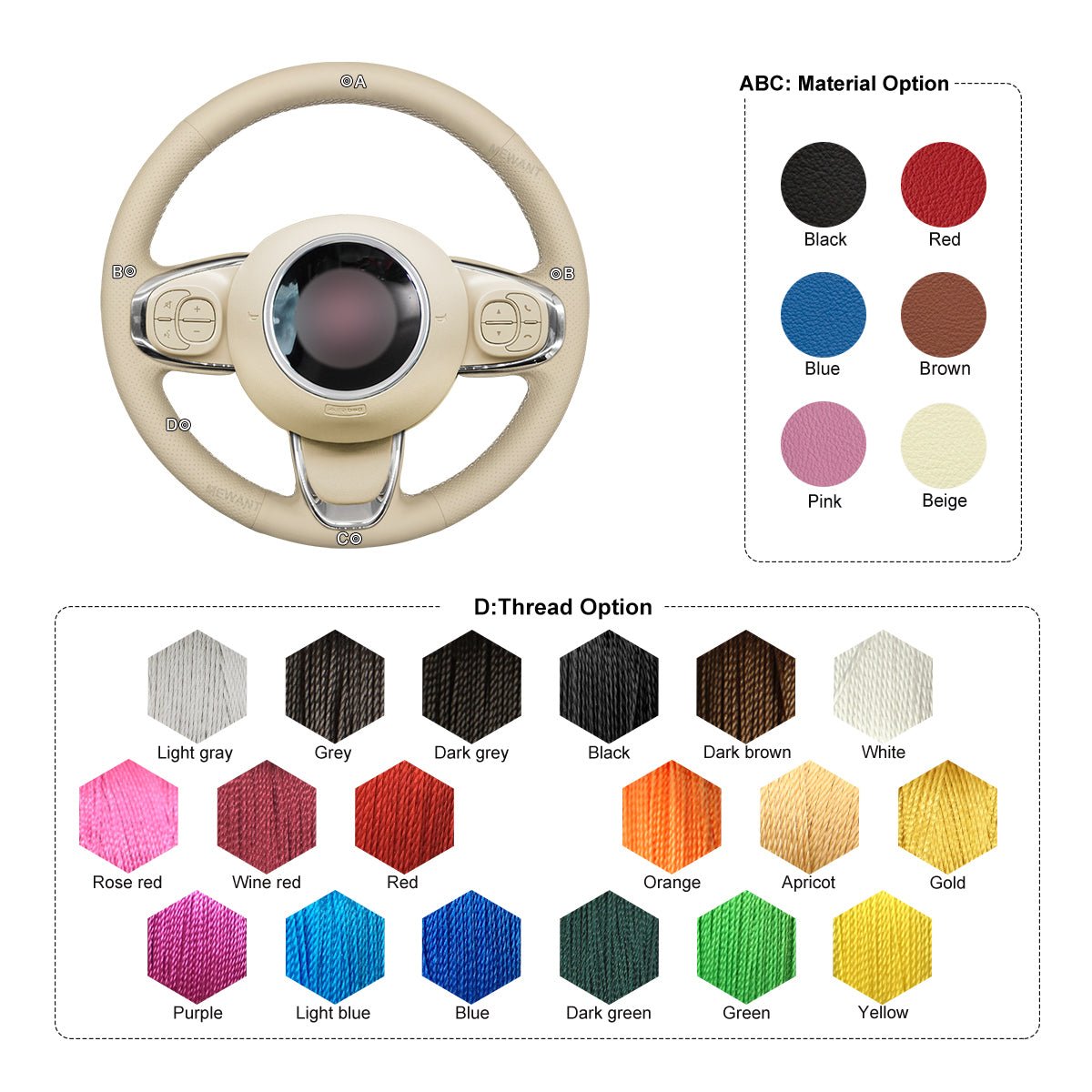 MEWANT Hand Stitch Beige Leather Car Steering Wheel Cover for Fiat 500 2015 - 2021 / 500C 2016 - 2021 - Mewant Cover