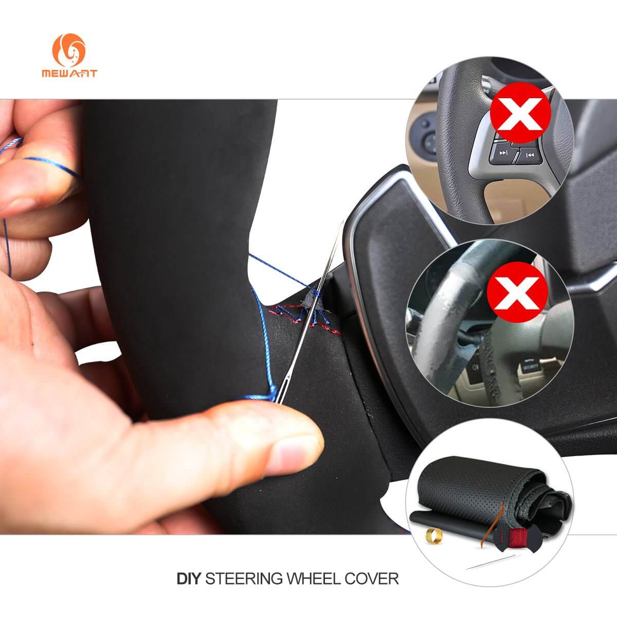 MEWANT Hand Stitch Black Blue Suede Car Steering Wheel Cover for Ford Focus C - Max Transit Connect - Alcantara, Leather, Carbon Fiber, Easy Install, Non - Slip, Best Steering Wheel Cover