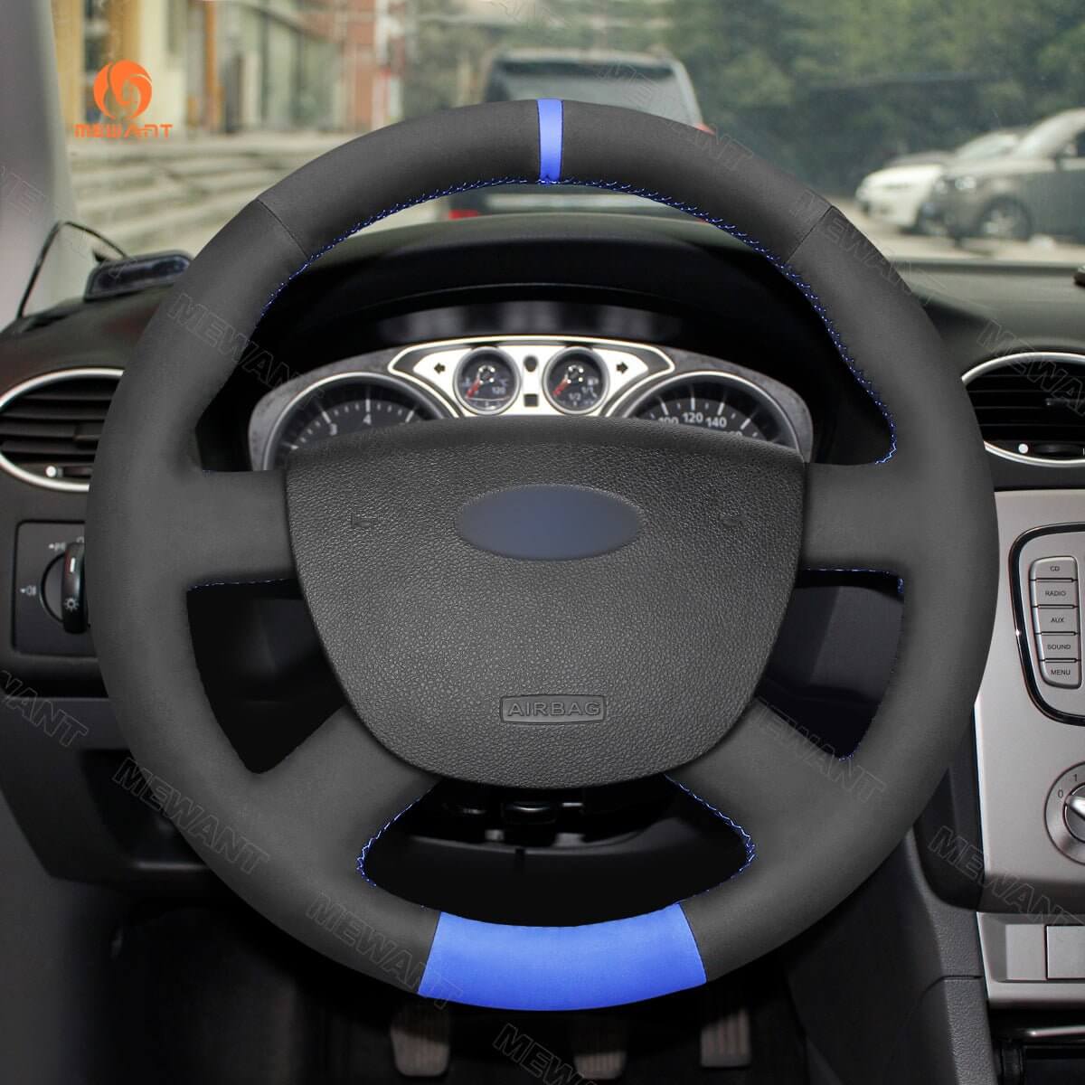 MEWANT Hand Stitch Black Blue Suede Car Steering Wheel Cover for Ford Focus C - Max Transit Connect - Alcantara, Leather, Carbon Fiber, Easy Install, Non - Slip, Best Steering Wheel Cover
