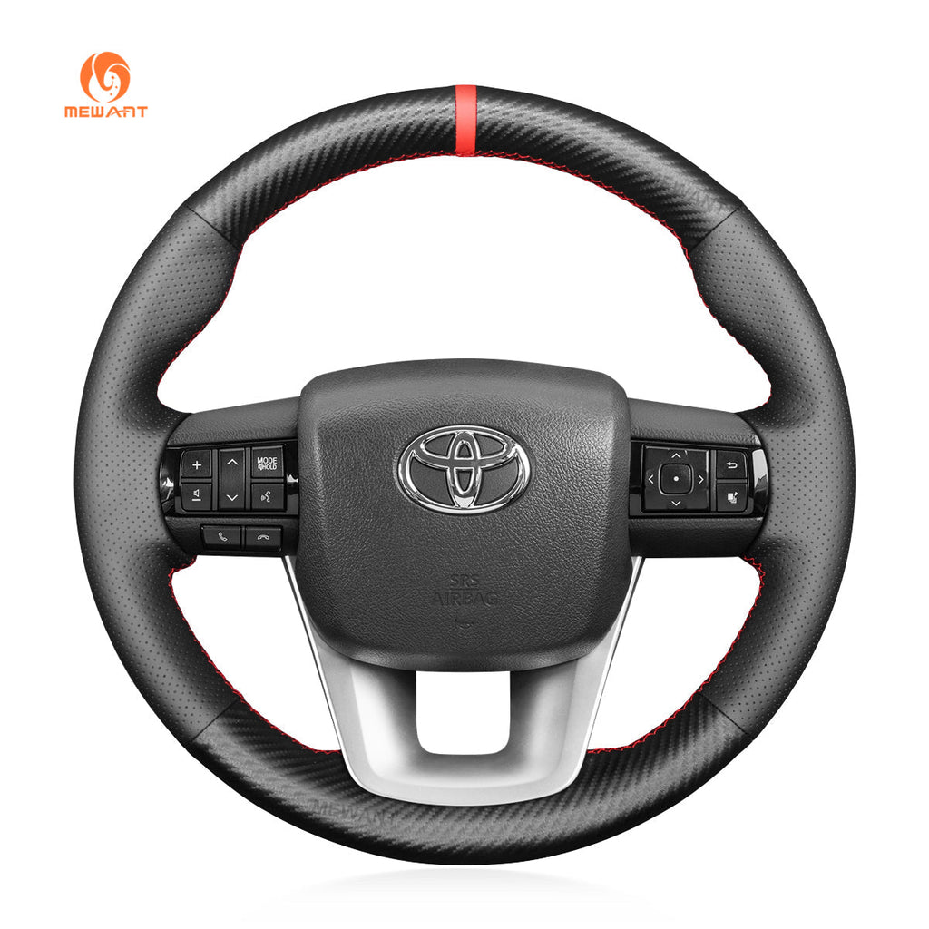 MEWANT Hand Stitch Black Carbon Fiber Leather Car Steering Wheel Cover for Toyota Hilux 2015 - 2021 / Fortuner 2015 - 2021 - Alcantara, Leather, Carbon Fiber, Easy Install, Non - Slip, Best Steering Wheel Cover