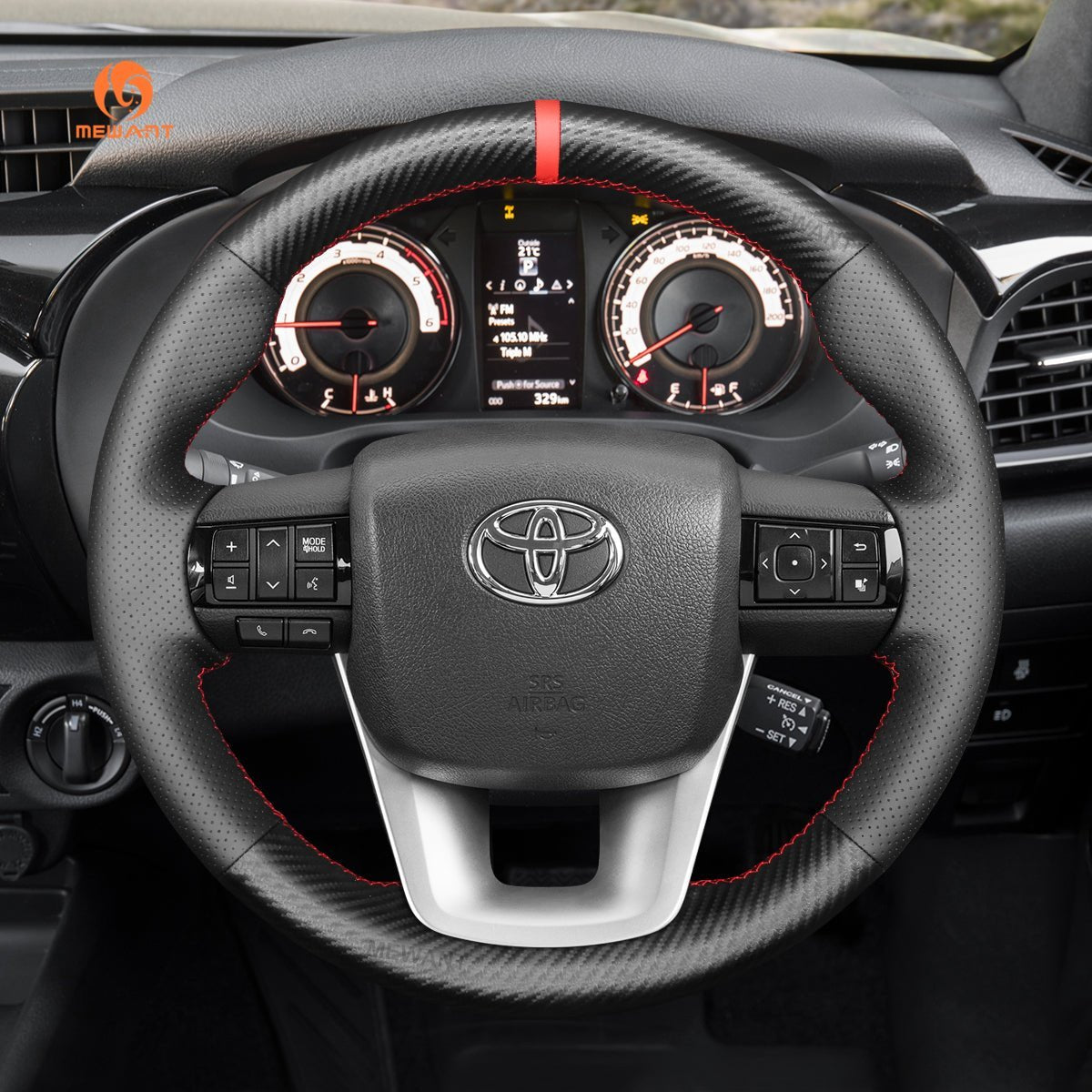 MEWANT Hand Stitch Black Carbon Fiber Leather Car Steering Wheel Cover for Toyota Hilux 2015 - 2021 / Fortuner 2015 - 2021 - Alcantara, Leather, Carbon Fiber, Easy Install, Non - Slip, Best Steering Wheel Cover