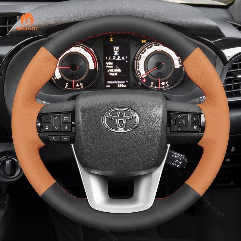 MEWANT Hand Stitch Black Carbon Fiber Leather Car Steering Wheel Cover for Toyota Hilux 2015 - 2021 / Fortuner 2015 - 2021 - Alcantara, Leather, Carbon Fiber, Easy Install, Non - Slip, Best Steering Wheel Cover