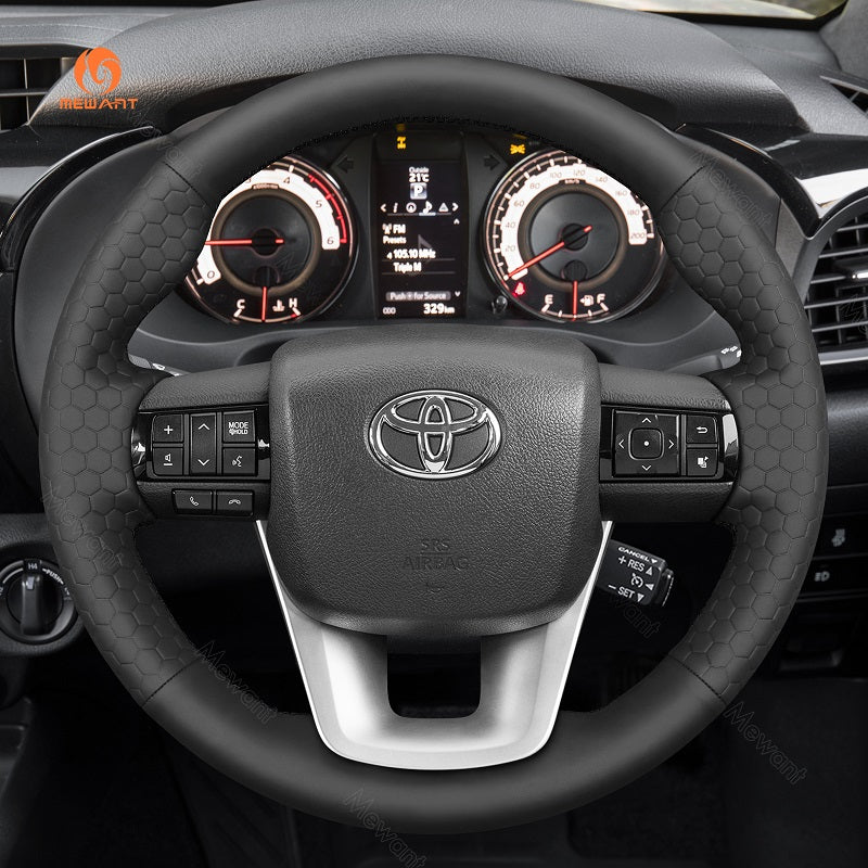 MEWANT Hand Stitch Black Carbon Fiber Leather Car Steering Wheel Cover for Toyota Hilux 2015 - 2021 / Fortuner 2015 - 2021 - Alcantara, Leather, Carbon Fiber, Easy Install, Non - Slip, Best Steering Wheel Cover