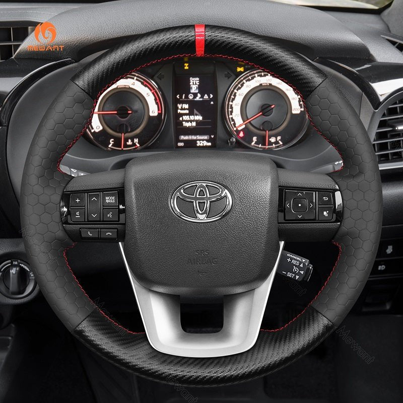 MEWANT Hand Stitch Black Carbon Fiber Leather Car Steering Wheel Cover for Toyota Hilux 2015 - 2021 / Fortuner 2015 - 2021 - Alcantara, Leather, Carbon Fiber, Easy Install, Non - Slip, Best Steering Wheel Cover