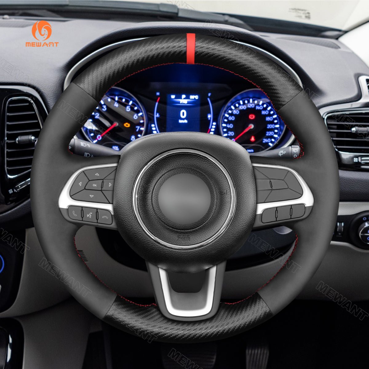 MEWANT Hand Stitch Black Carbon Fiber Suede Car Steering Wheel Cover for Jeep Compass 2017 Renegade 2016 2017 - Alcantara, Leather, Carbon Fiber, Easy Install, Non - Slip, Best Steering Wheel Cover