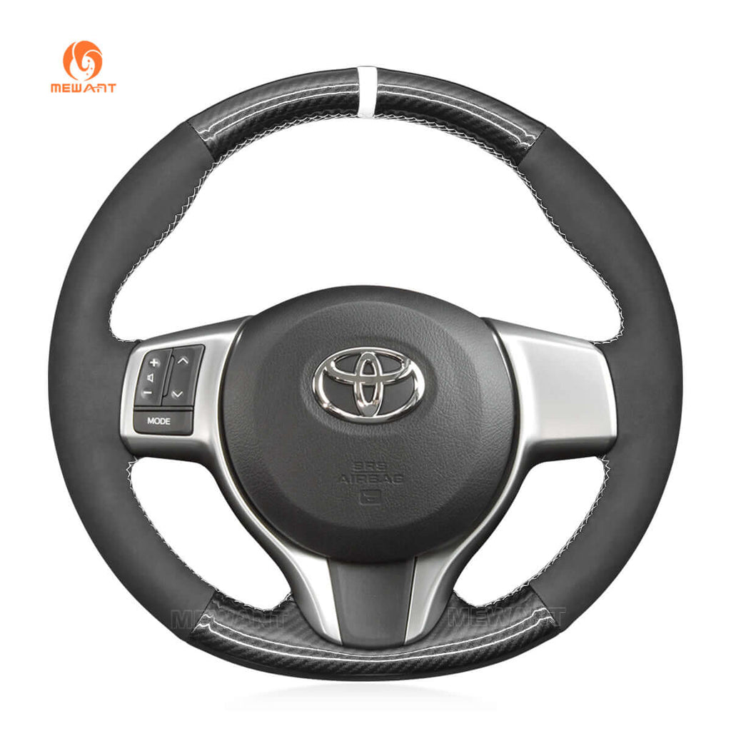 MEWANT Hand Stitch Black Carbon Fiber Suede Car Steering Wheel Cover for Toyota Yaris 2012 - 2020 / Ractis 2010 - 2015 - Alcantara, Leather, Carbon Fiber, Easy Install, Non - Slip, Best Steering Wheel Cover
