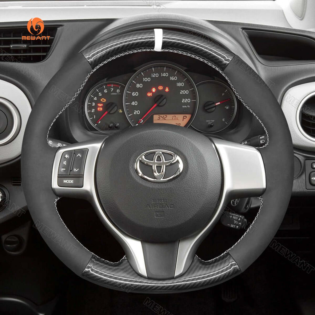 MEWANT Hand Stitch Black Carbon Fiber Suede Car Steering Wheel Cover for Toyota Yaris 2012 - 2020 / Ractis 2010 - 2015 - Alcantara, Leather, Carbon Fiber, Easy Install, Non - Slip, Best Steering Wheel Cover