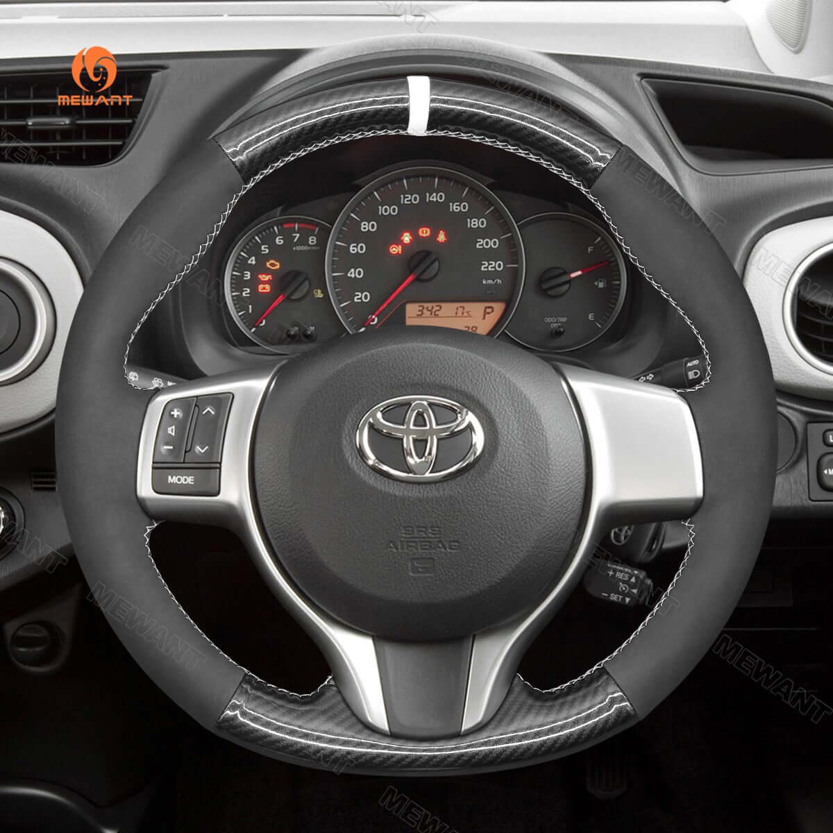 MEWANT Hand Stitch Black Carbon Fiber Suede Car Steering Wheel Cover for Toyota Yaris 2012 - 2020 / Ractis 2010 - 2015 - Alcantara, Leather, Carbon Fiber, Easy Install, Non - Slip, Best Steering Wheel Cover