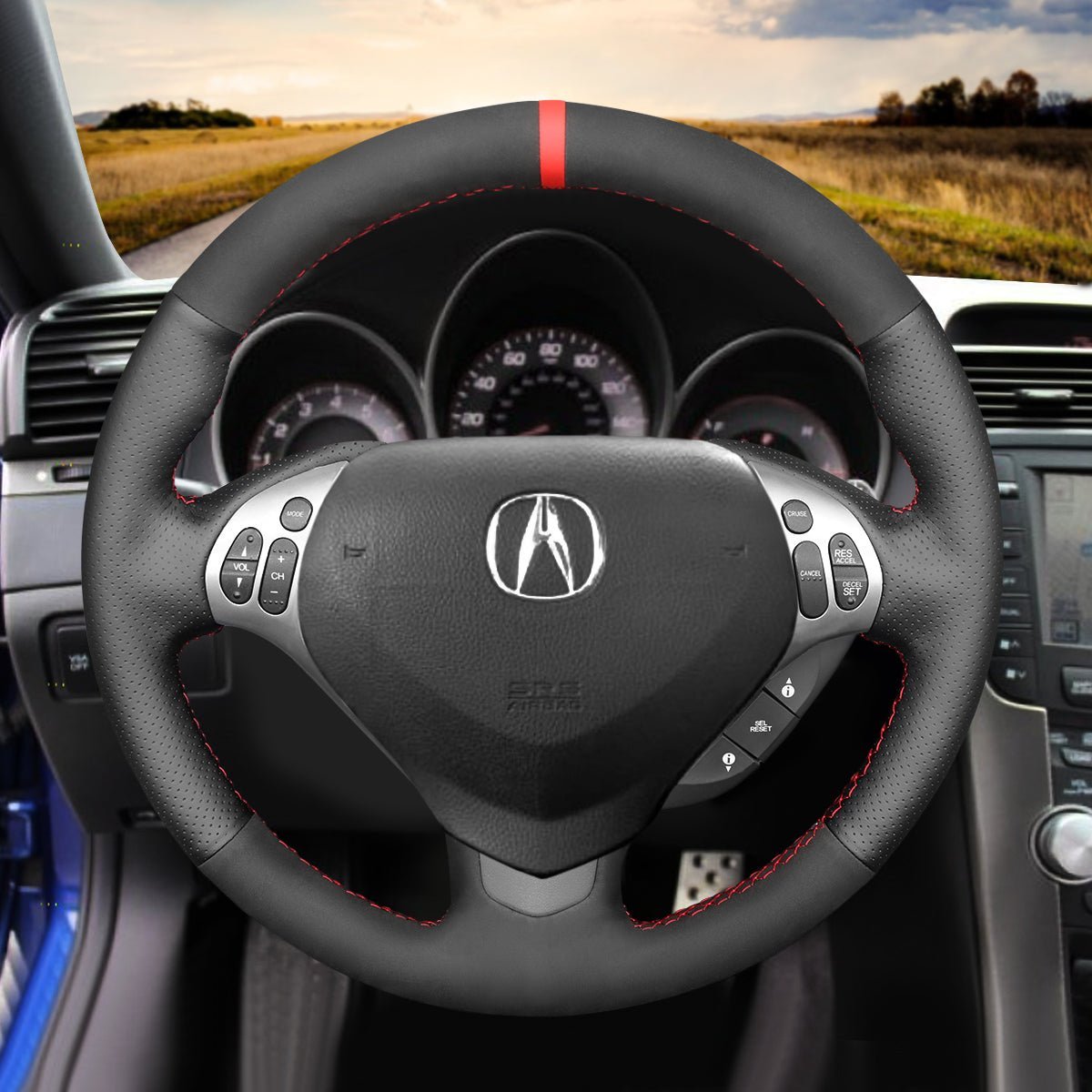 MEWANT Hand Stitch Black Genuine Leather Car Steering Wheel Cover for Acura TL 2007 - 2008 - Alcantara, Leather, Carbon Fiber, Easy Install, Non - Slip, Best Steering Wheel Cover
