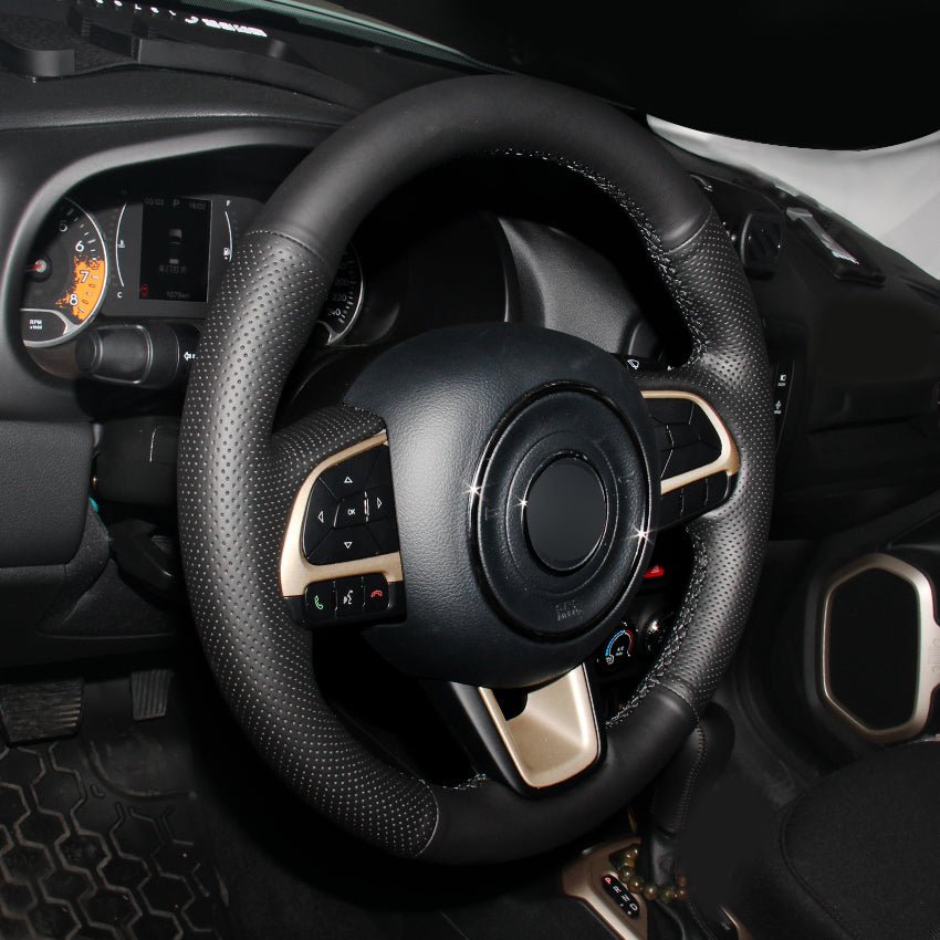 MEWANT Hand Stitch Black Genuine Leather Car Steering Wheel Cover for Jeep Compass 2017 / Renegade 2016 - 2017 - Alcantara, Leather, Carbon Fiber, Easy Install, Non - Slip, Best Steering Wheel Cover