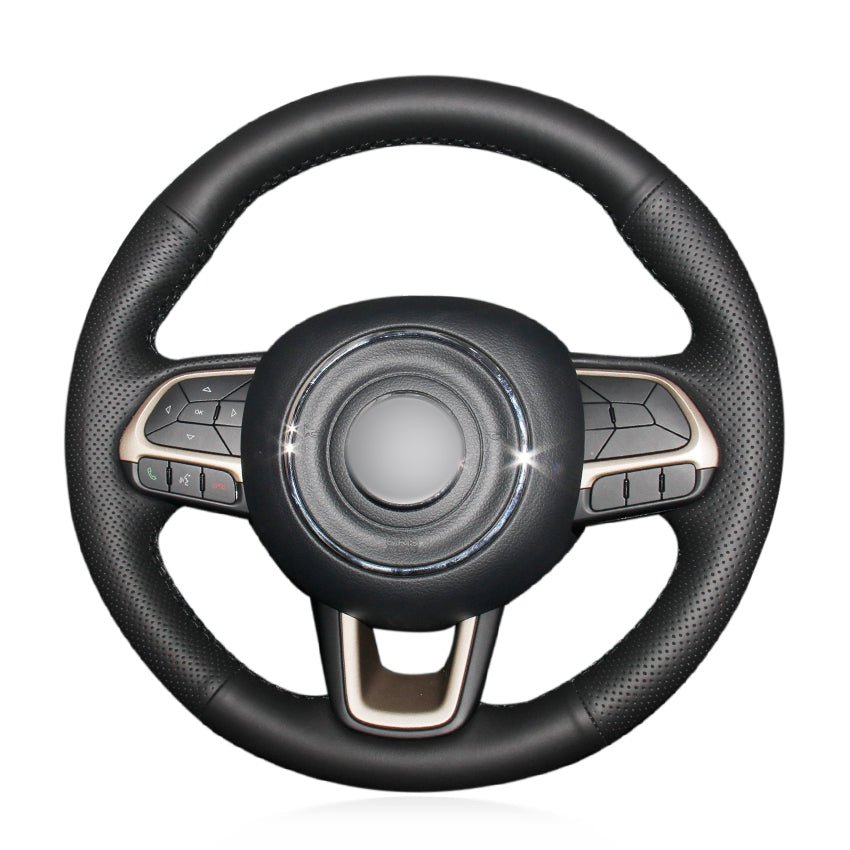 MEWANT Hand Stitch Black Genuine Leather Car Steering Wheel Cover for Jeep Compass 2017 / Renegade 2016 - 2017 - Alcantara, Leather, Carbon Fiber, Easy Install, Non - Slip, Best Steering Wheel Cover