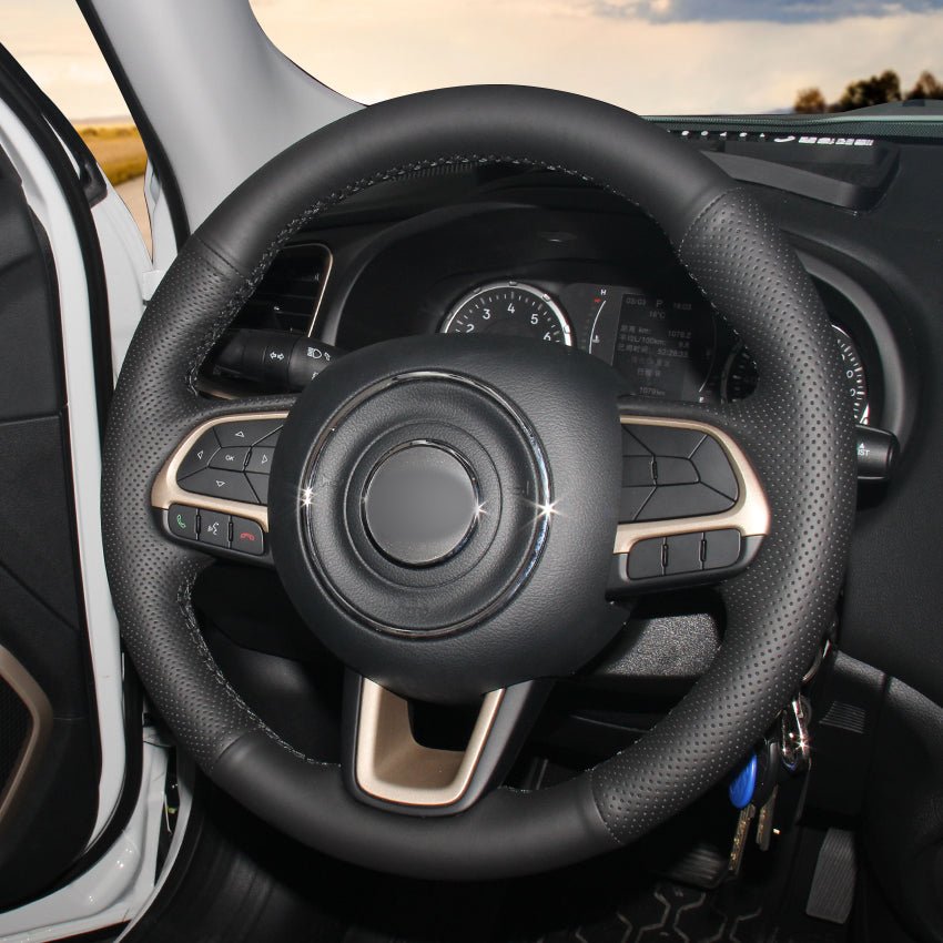 MEWANT Hand Stitch Black Genuine Leather Car Steering Wheel Cover for Jeep Compass 2017 / Renegade 2016 - 2017 - Alcantara, Leather, Carbon Fiber, Easy Install, Non - Slip, Best Steering Wheel Cover