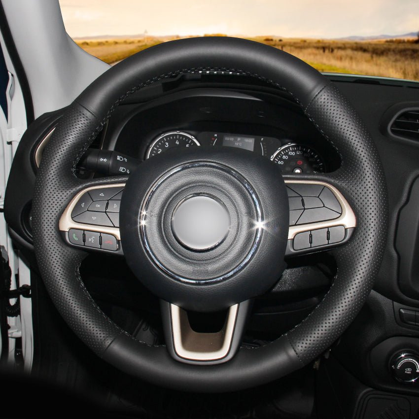 MEWANT Hand Stitch Black Genuine Leather Car Steering Wheel Cover for Jeep Compass 2017 / Renegade 2016 - 2017 - Alcantara, Leather, Carbon Fiber, Easy Install, Non - Slip, Best Steering Wheel Cover