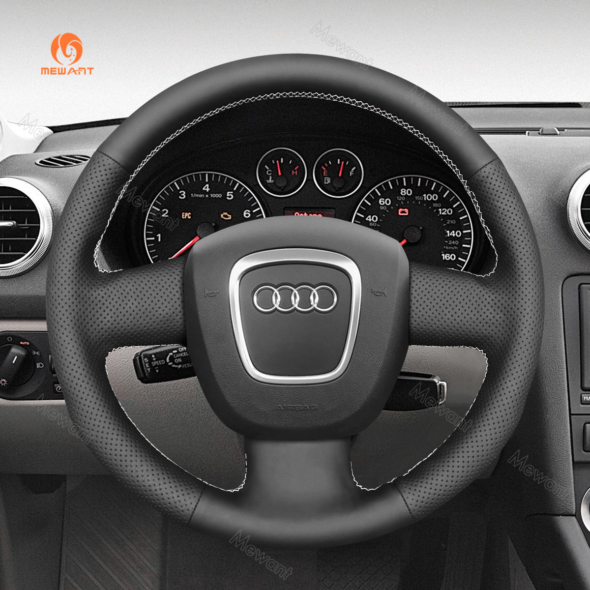 MEWANT Hand Stitch Black Leather Car Steering Wheel Cover for Audi A3 (8P) Sportback A4 (B7) Avant A6 (C6) S4 Seat Exeo 2009 - 2012 - Alcantara, Leather, Carbon Fiber, Easy Install, Non - Slip, Best Steering Wheel Cover