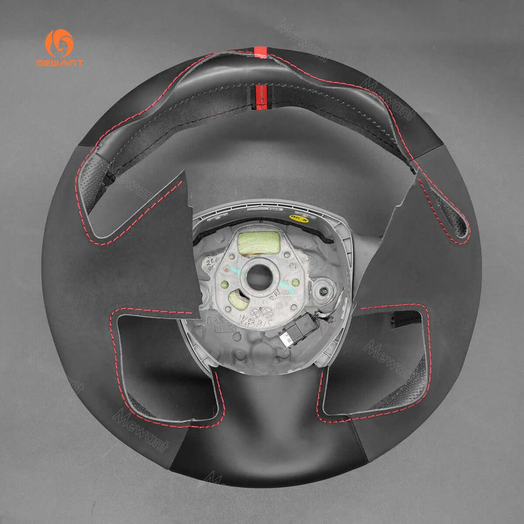 MEWANT Hand Stitch Black Leather Car Steering Wheel Cover for Audi A3 (8P) Sportback A4 (B7) Avant A6 (C6) S4 Seat Exeo 2009 - 2012 - Alcantara, Leather, Carbon Fiber, Easy Install, Non - Slip, Best Steering Wheel Cover