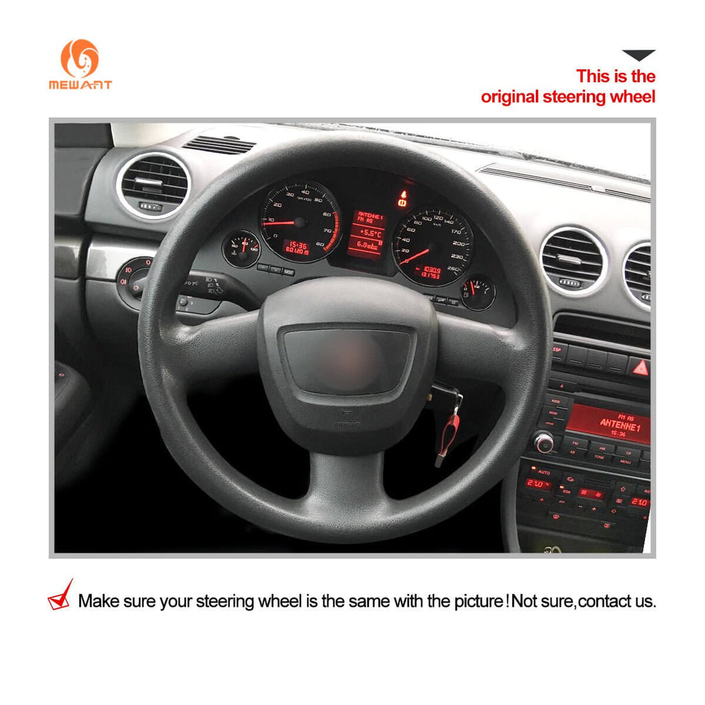 MEWANT Hand Stitch Black Leather Car Steering Wheel Cover for Audi A3 (8P) Sportback A4 (B7) Avant A6 (C6) S4 Seat Exeo 2009 - 2012 - Alcantara, Leather, Carbon Fiber, Easy Install, Non - Slip, Best Steering Wheel Cover