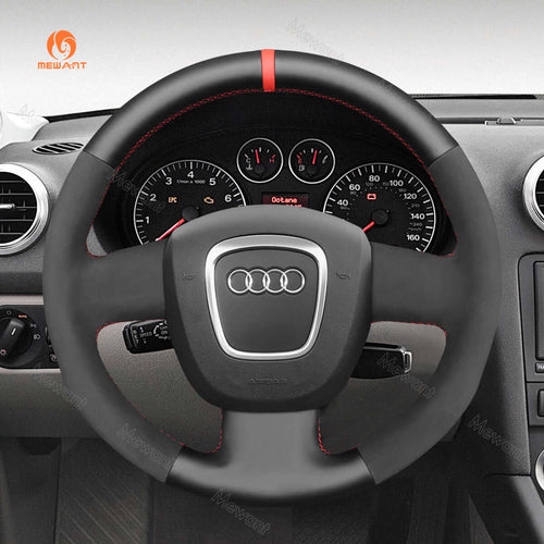 MEWANT Hand Stitch Black Leather Car Steering Wheel Cover for Audi A3 (8P) Sportback A4 (B7) Avant A6 (C6) S4 Seat Exeo 2009 - 2012 - Alcantara, Leather, Carbon Fiber, Easy Install, Non - Slip, Best Steering Wheel Cover